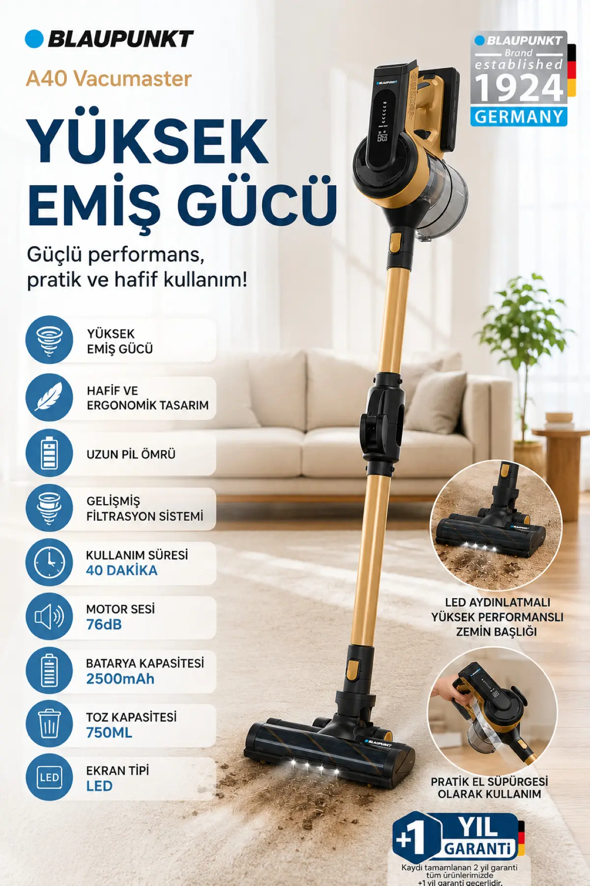 Blaupunkt Vacumaster A40 25.9 V Hepa Filtreli Yüksek Emiş Dikey Süpürge