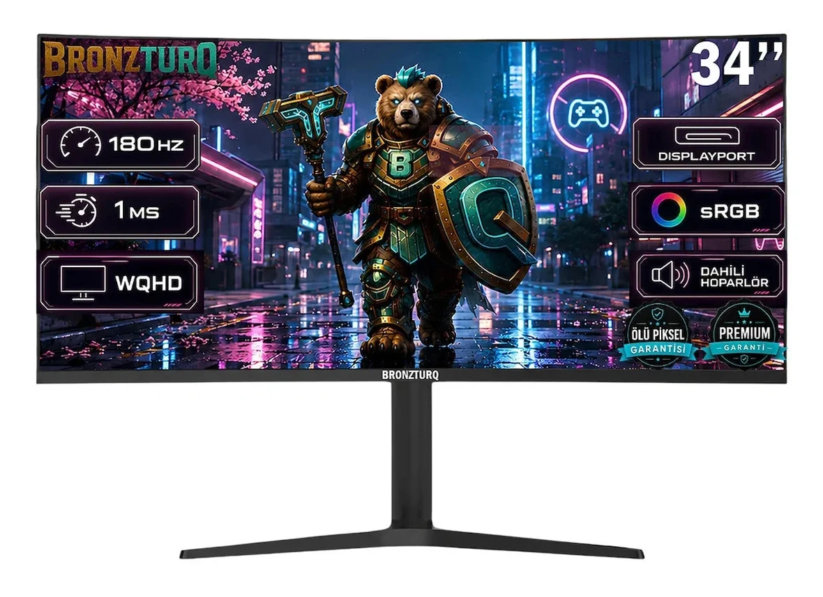 BRONZTURQ 34″ 180Hz 1 ms (DP + HDMI) WQHD 3440×1440 Kavisli Monitör