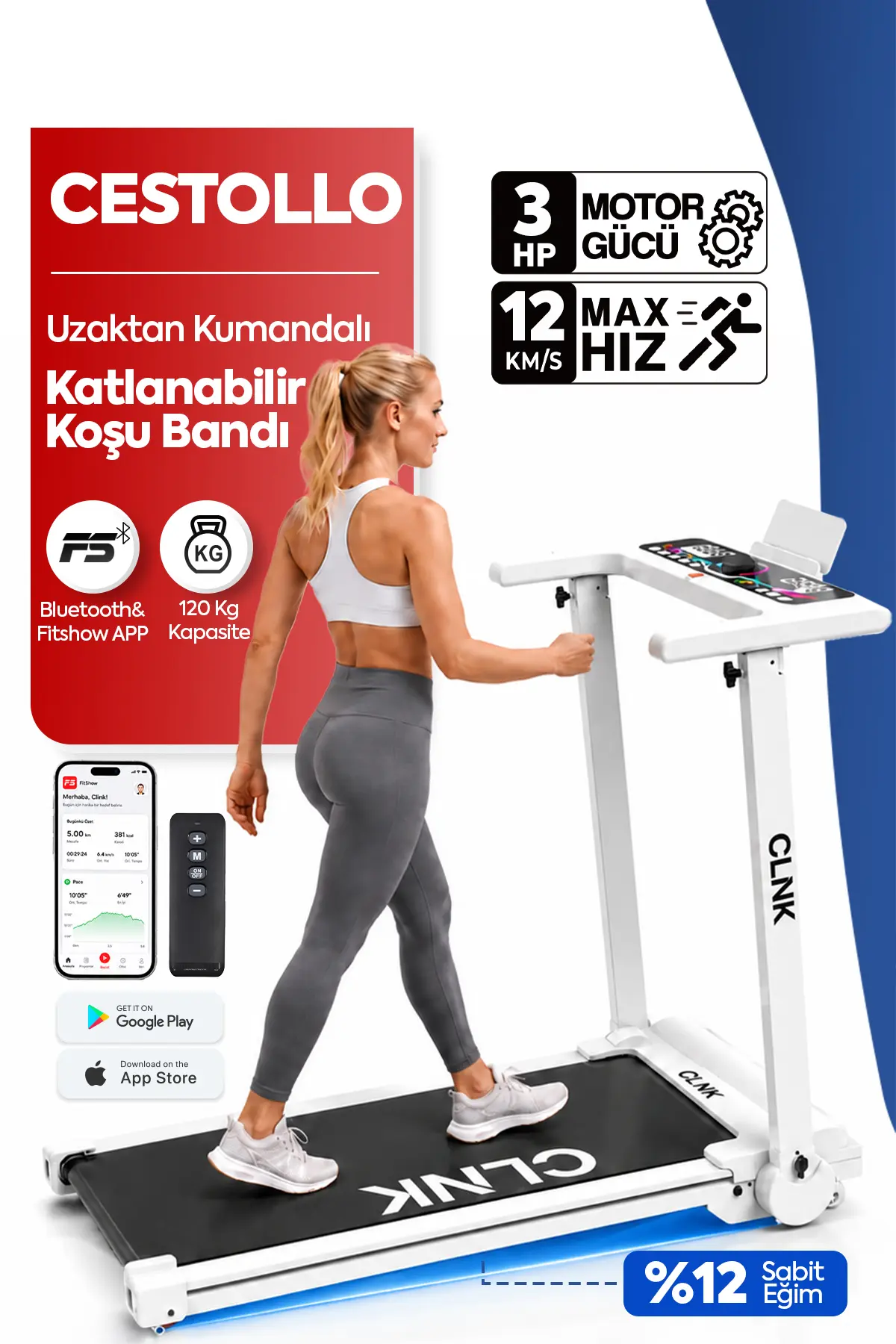 Cestello Eğim Premium Fitness Bluetoothlu Uygulamalı Uzaktan Koşu Bandı