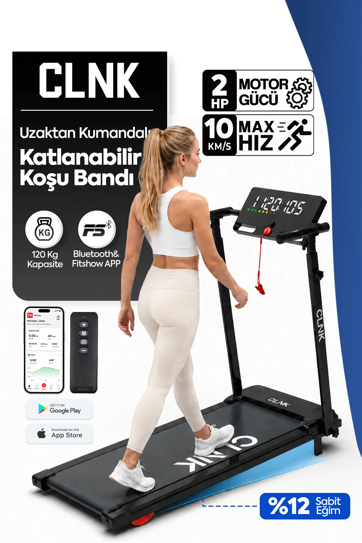 CLNK %6 Eğim Profesyonel FİTNESS Bluetoothlu Uygulamalı Uzaktan Koşu Bandı