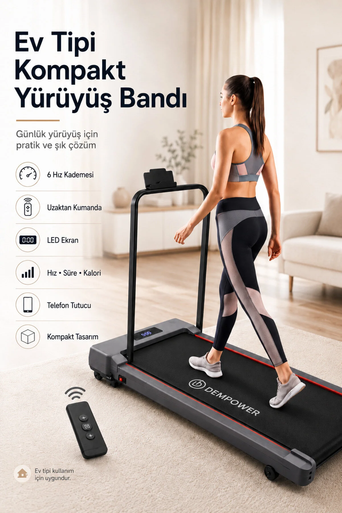 DEMPOWER 110 Kg Taşıma Kapasiteli Ev Tipi Kompakt Yürüyüş Bandı Uzaktan Kumandalı LED Ekranlı