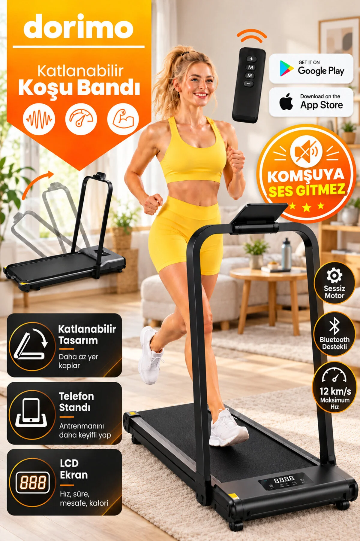 Dorimo HIZ 12 2HP Bluetoothlu Katlanabilir Uzaktan Kumandalı Koşu Bandı