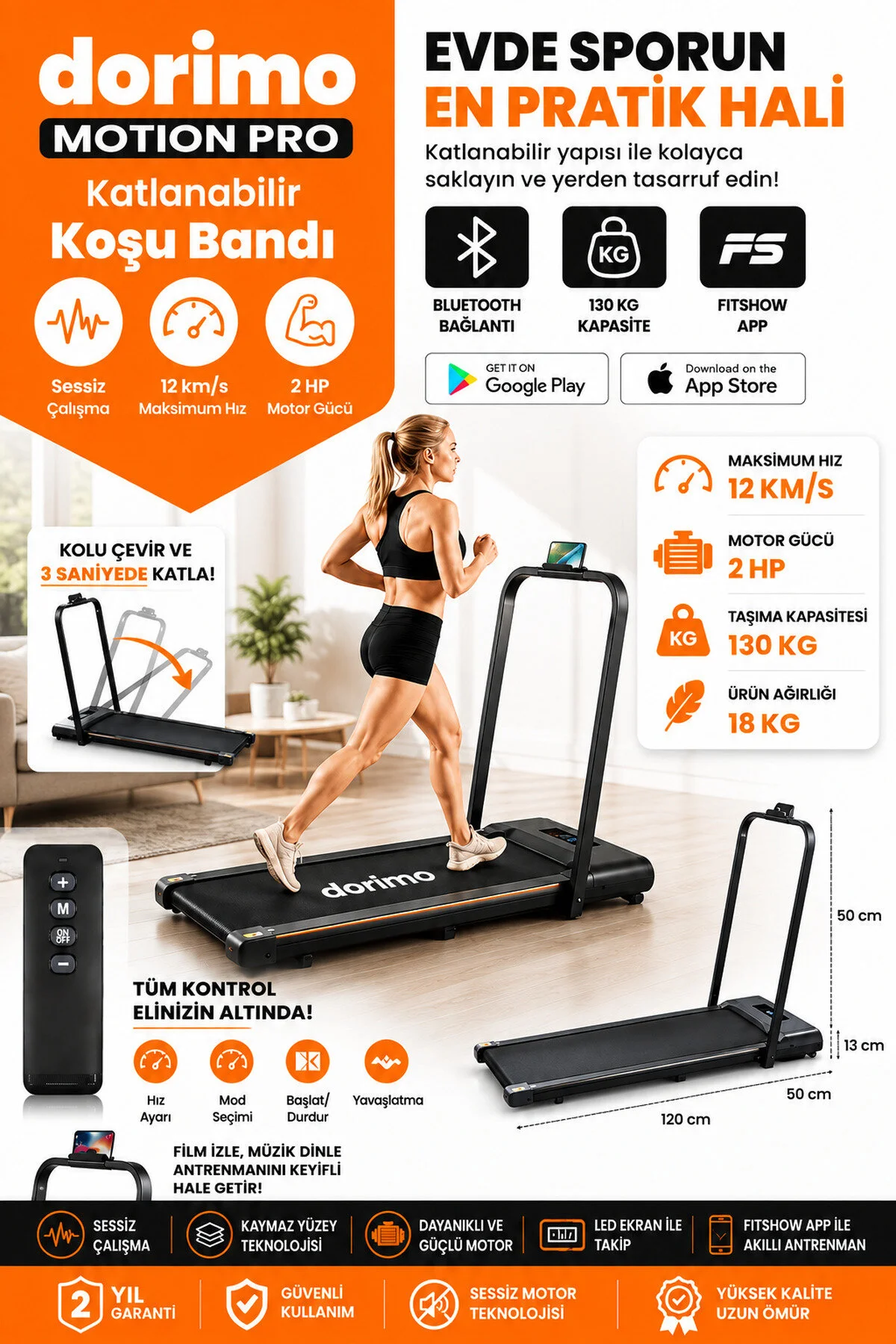 Dorimo MOTION PRO Koşu Bandı Ev Tipi Bluetoothlu Uzaktan Kumandalı
