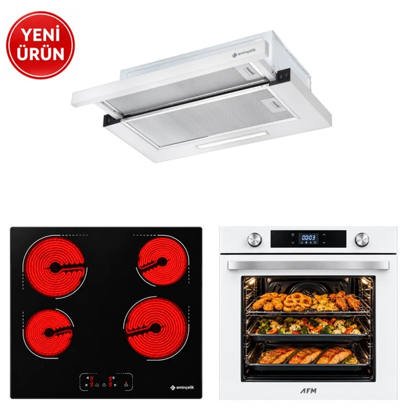 Eminçelik & AFM Marka A3 Dijital Elektr. Vitroseramik Beyaz Ankastre Set
