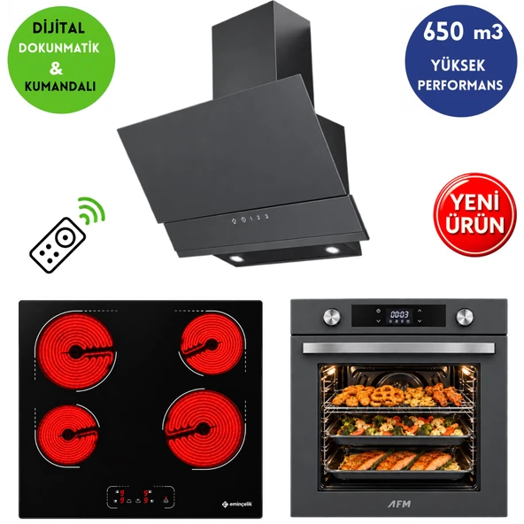 Eminçelik & AFM Marka C1 Dijital Elektr. Vitroseramik -Gri Ankastre Set