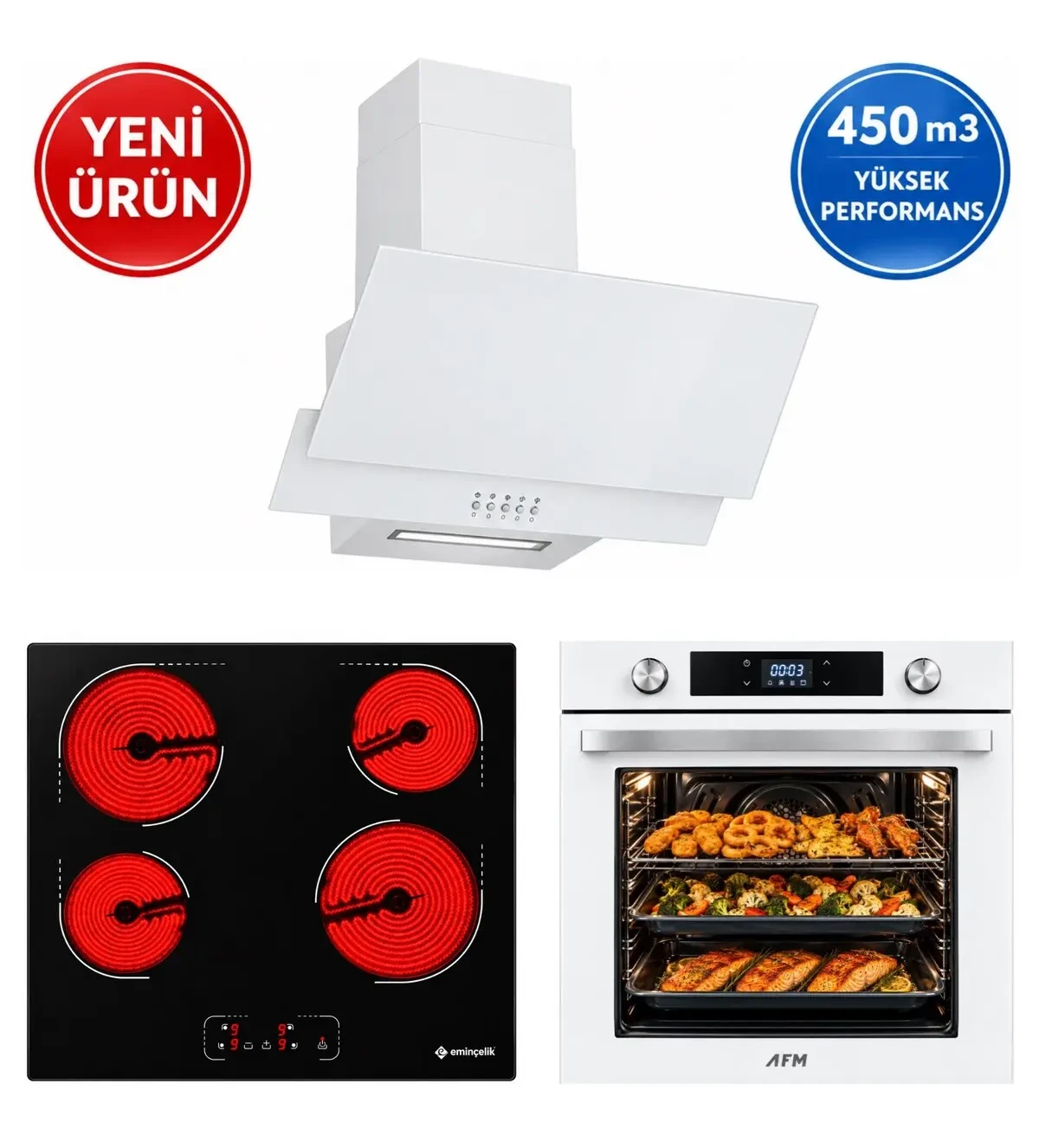 Eminçelik & AFM Marka C2 Dijital Elektr. Vitroseramik Beyaz Ankastre Set