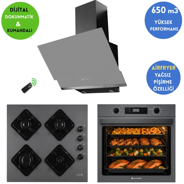Eminçelik ve AFM Marka G1 Airfryer Dijital Cam -Gri Ankastre Set AF