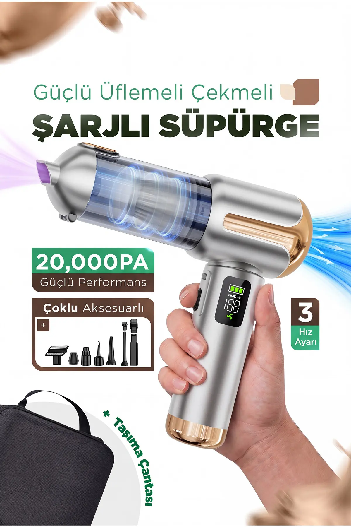 EN SİGA Çantalı LCD Ekran Göstergeli Kablosuz Dikey Süpürge Güçlü