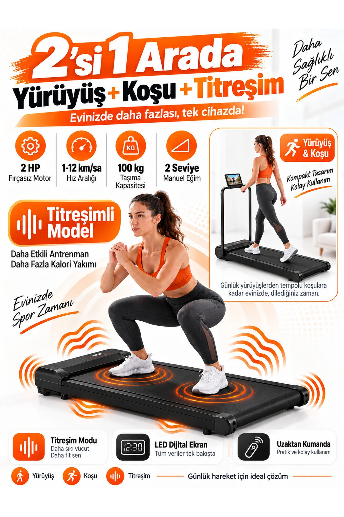 EN SİGA Titreşim Modlu Yürüme Bandı 2 Hp Led Ekranlı Motor Koşu Bandı