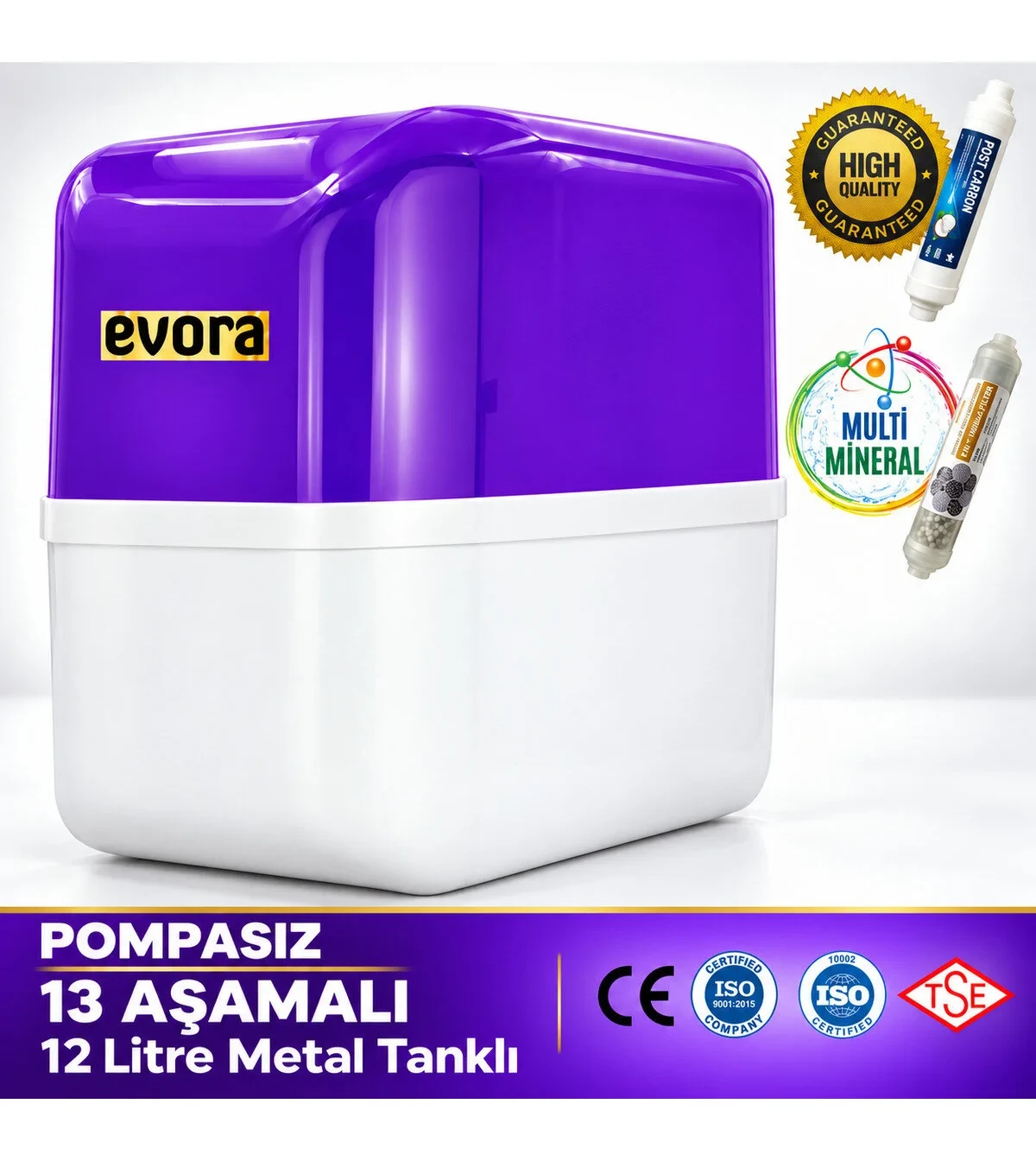Evora 13 Aşamalı 12lt Kapalı Şeffaf Kasa Pompasız Su Arıtma Cihazı