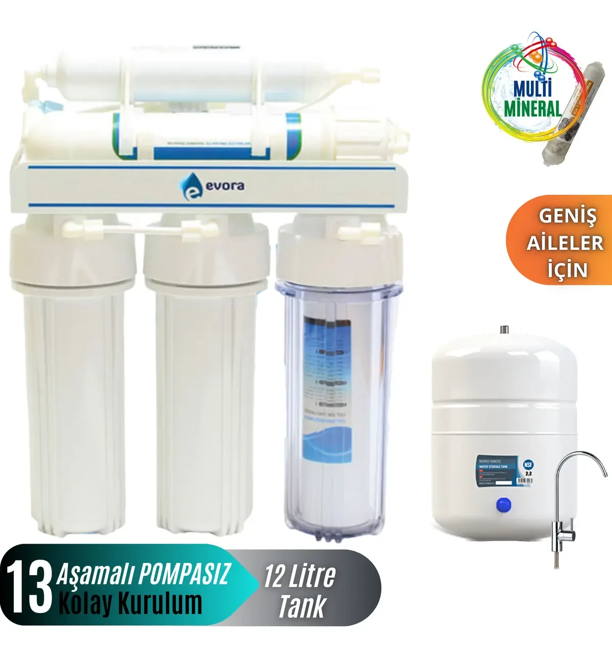 Evora 13 Aşamalı Kasa 12 Litre Pompasız Su Arıtma Cihazı Mineral Su Özellikli