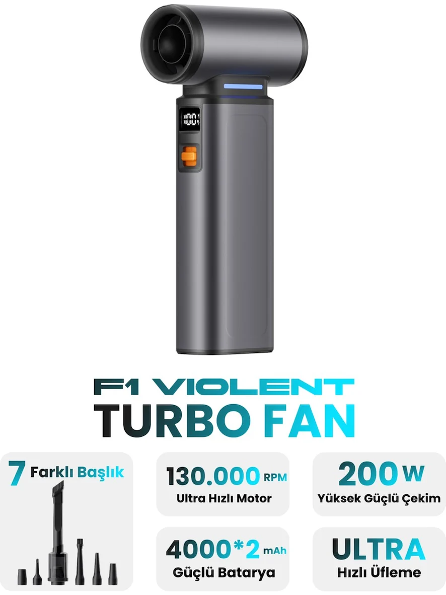F1 Violent Turbo Jet Fan Süpürge Özellikli 130000RPM Ultra Güçlü Motor