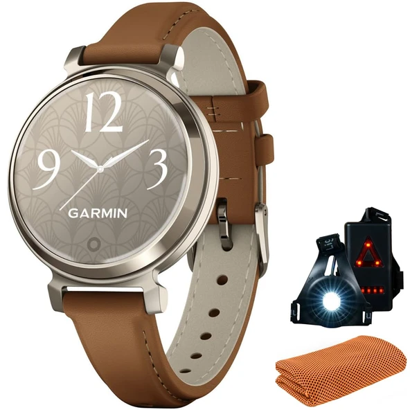 Garmin 010-02208-02 Lily 2 Classic Cream with Tan Deri Band Smartwatch | Resmi ABD Ortak Modeli | Spor Havlusu + Deco Essentials Wearable Commuter Front & Arka Güvenlik Işık