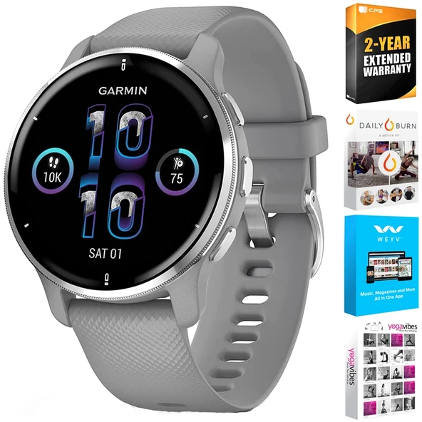 Garmin 010-02496-00 Venu 2 Plus GPS Smartwatch, Silver Paslanmaz Bezel ile Toz Silikon Bantı ile Premium 2 YR CPS Koruma Paketi ve Tech Smart USA Fitness & Wellness Suite