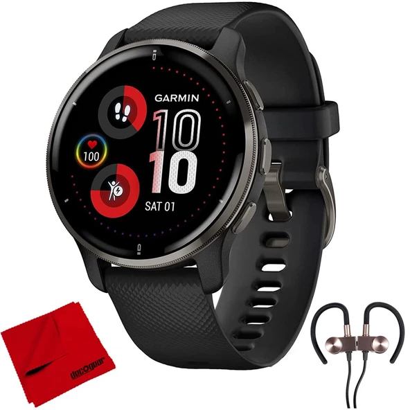 Garmin 010-02496-01 Venu 2 Plus GPS Smartwatch, Slate Bezel with Silikon Band Sche with Deco Gear Manyetik Kablosuz Sport Earbuds and Deco Gear Microfiber Temizlik Kumaş