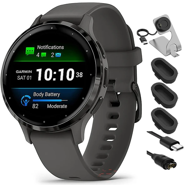 Garmin 010-02785-00 Venu 3S Health Fitness GPS Smartwatch Steel Bezel with Pebble Case 41mm Sche with Şarj Dock, Silikon Cover 3 Pack and USB Type C Şarj ve Sen Cable