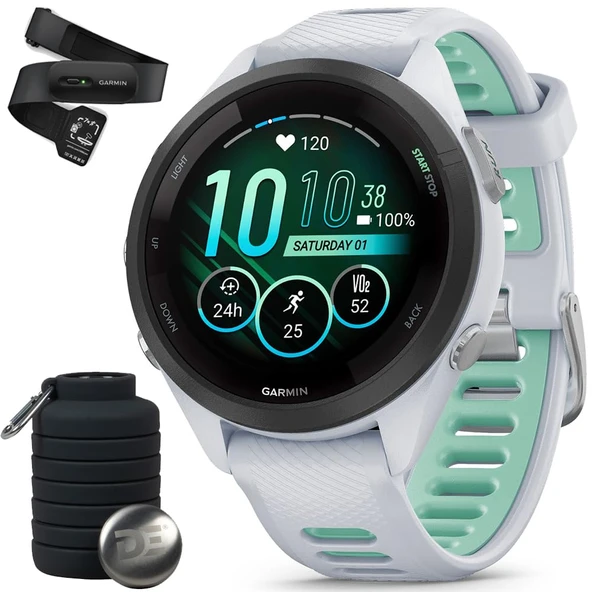 Garmin 010-02810-04 Forerunner 265S GPS Smartwatch Whitestone/Neo Tropic Eye Watch True Heart Rate & HRV DataAli M-XL ve Deco Essentials Collapsable Water Şişe