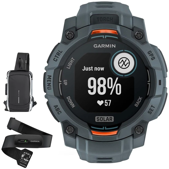 Garmin 010-02934-01 Instinct 3-45 mm GPS Smartwatch, Solar, Twilight with HRM 200 Heart Rate Monitor (M-XL) & Deco Essentials Sling Backpack