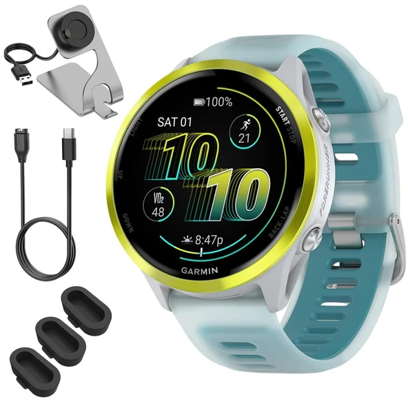 Garmin 010-02971-01 Forerunner 570-47mm GPS Smartwatch, alüminyum ve Whitestone/Turquoise Band Sche with Deco Essentials Şarj Dock, 3X Silikon Dust Cover ve USB Type C Şarj & You Cable