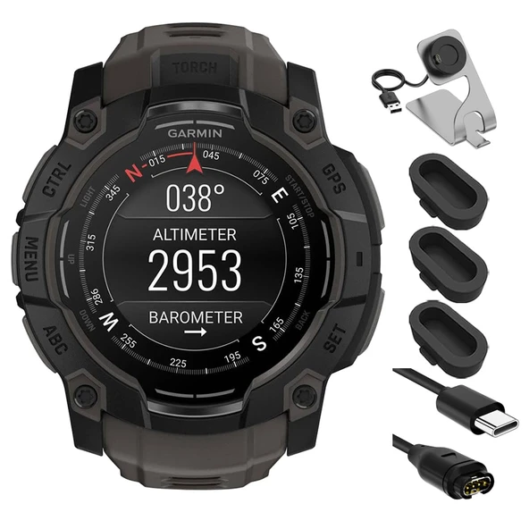Garmin 010-03020-00 Instinct 3-50 mm Açık GPS Smartwatch AMOLED with Band Sche with Deco Essentials Şarj Dock, Silikon Dust Cover 3 Pack ve USB Type C Şarj ve Syn Cable