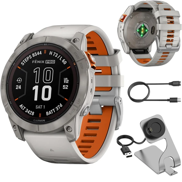 Garmin Fenix 7X Pro Sapphire Solar, Multisport GPS Smartwatch, yerleşik Flashlight, Solar Şarj, Fog /Ember Orange Band Sche with Deco Essentials Şarj Dock &Silicone Covers