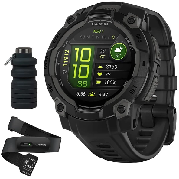 Garmin Instinct 3-45 mm Açık GPS Smartwatch, AMOLED, Band with HRM 200 Heart Rate Monitor (M-XL) Sche with Deco Essentials Collapsable Water Şişe