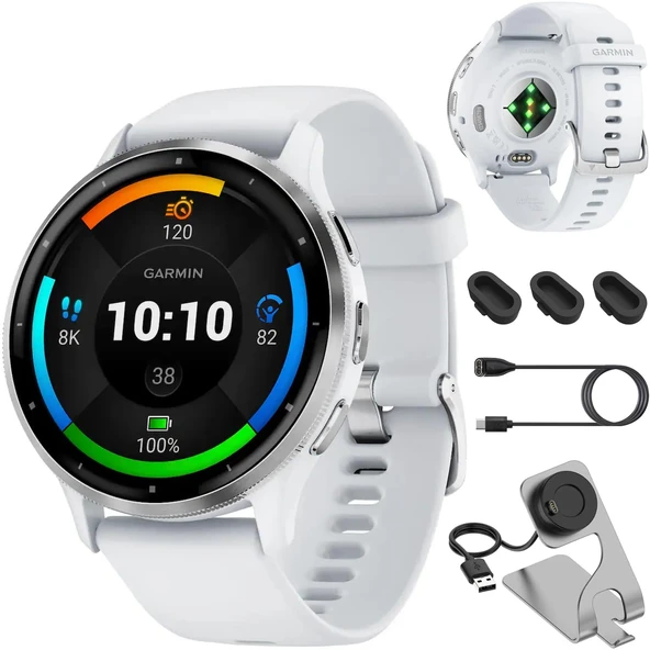 Garmin Venu 3 Paslanmaz Çelik Bezel 1.4-Inch AMOLED Touch Smartwatch with 45mm Whitestone Case and Silikon Band Sche with Deco Essentials Şarj Dock, Dust Covers and USB-C Cable Smartwatch