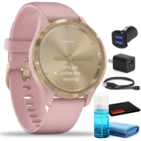 Garmin vivomove 3S Hybrid Smartwatch (39mm, Light /Dust Rose) Kit with USB Adaptörs and 6Ave Temizlik Kit