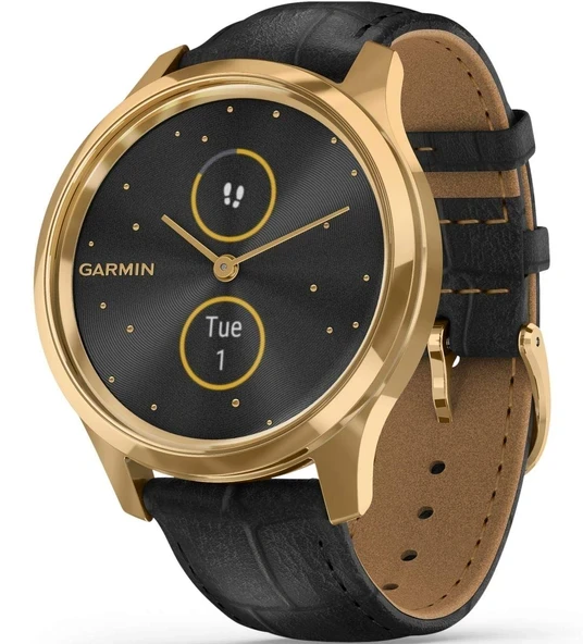 Garmin vivomove Luxe, Hybrid Smartwatch with Real Watch Hands and Hidden Color Touchscreens, Gold with Deri Band