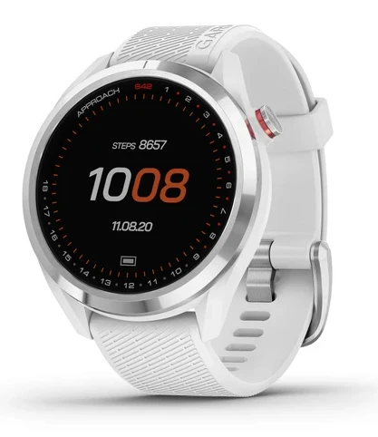 Garmin Yaklaşım S42, GPS Golf Smartwatch, 1.2 ile hafif” Touchscreen, 42k + Yüklü Dersler, Gümüş Seramik Bezel ve Silikon Grubu, 010-02572-11-11