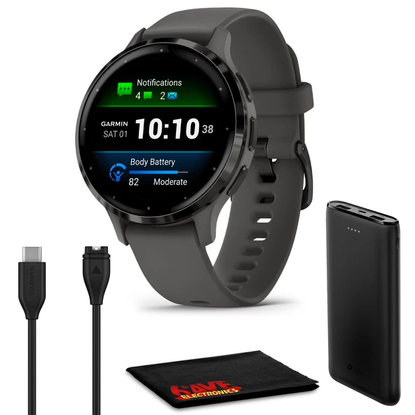 GarminVenu 3S Advanced Fitness and Health Tracker Smartwatch with Slate Paslanmaz Steel Bezel with Pebble Case and Silikon Band and 1.2 Perfect AMOLED Touch Ekran Gösterisi