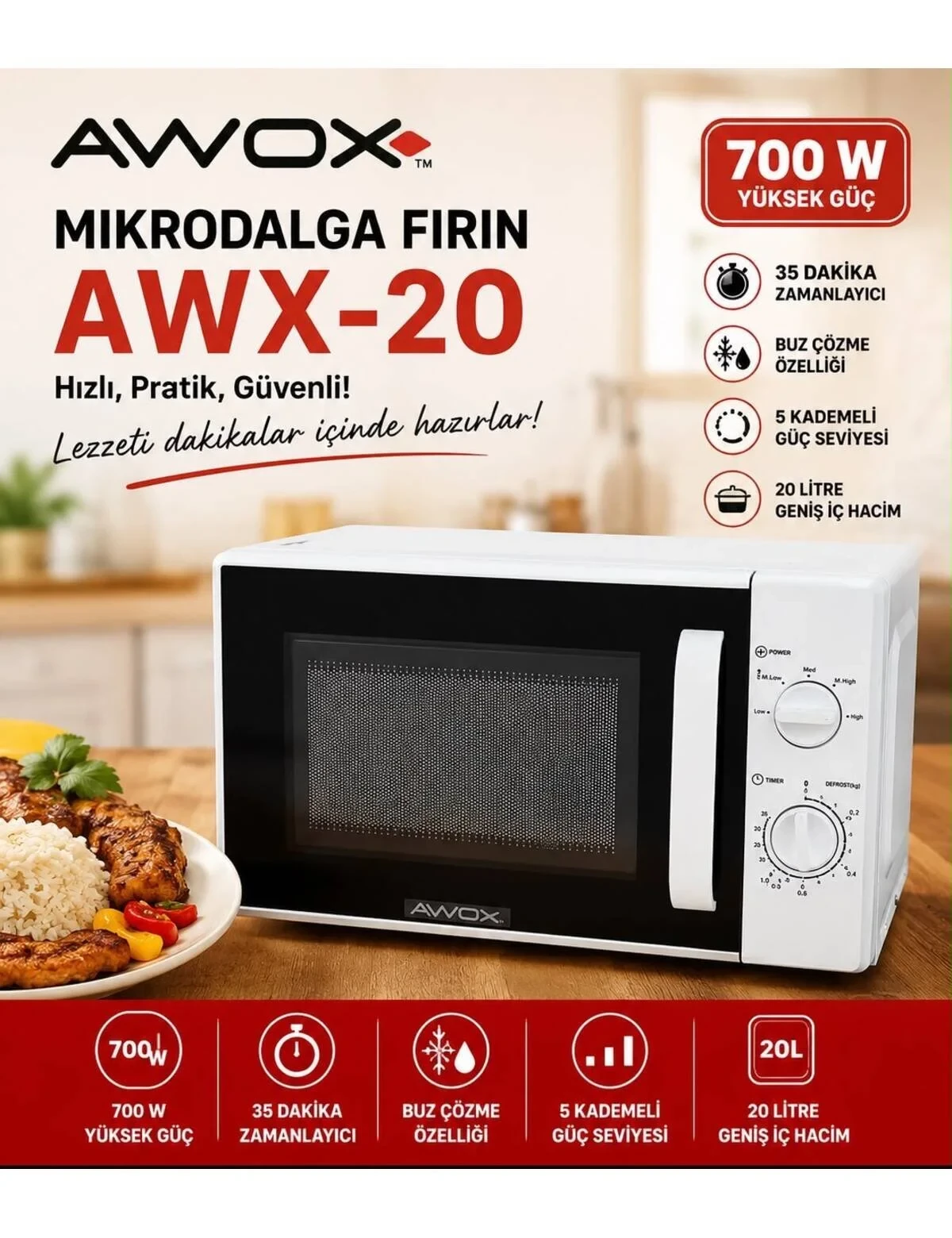 20 Litre 700W Mikrodalga Fırın