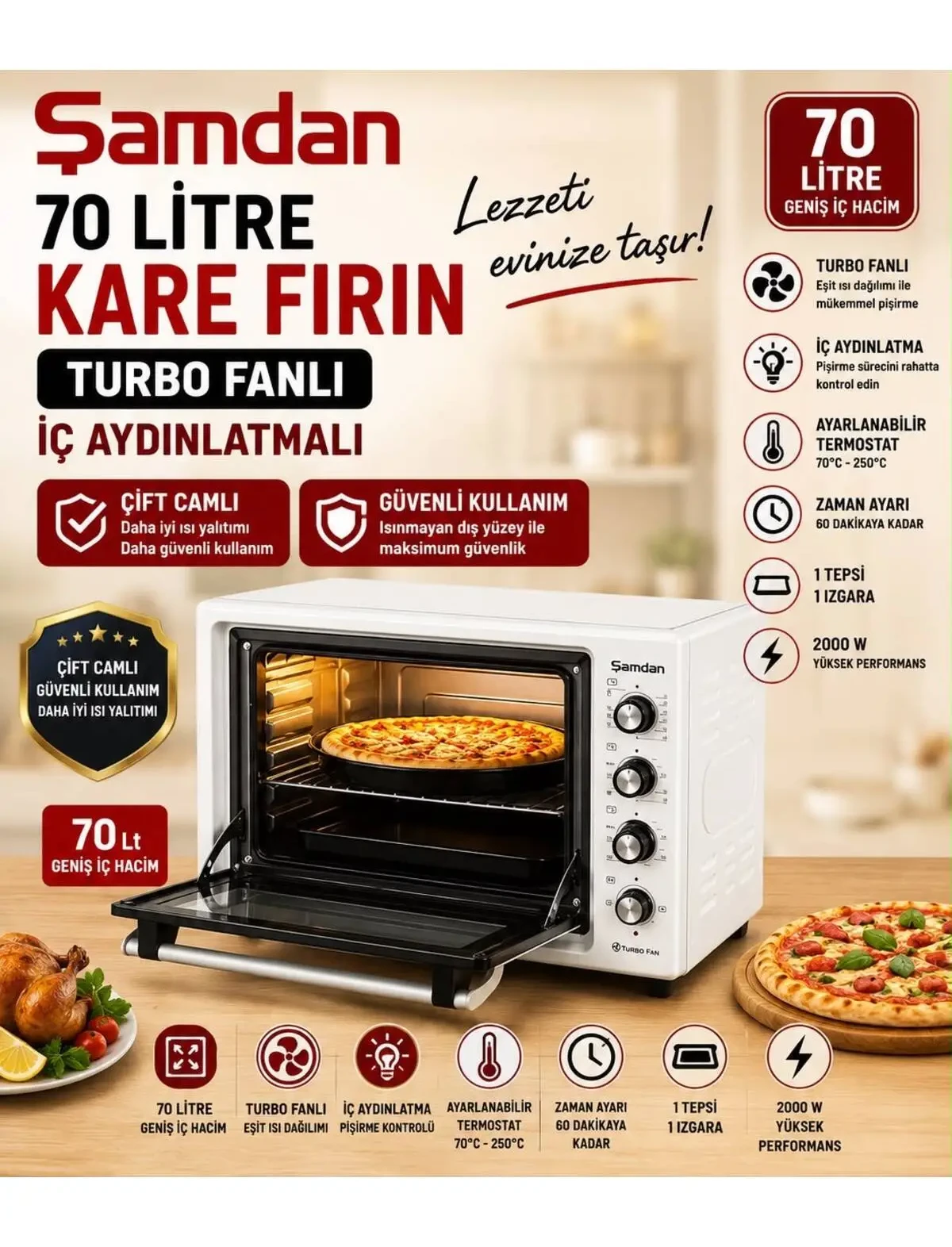 70 Litre Turbo Fanlı Çift Camlı Kare Fırın
