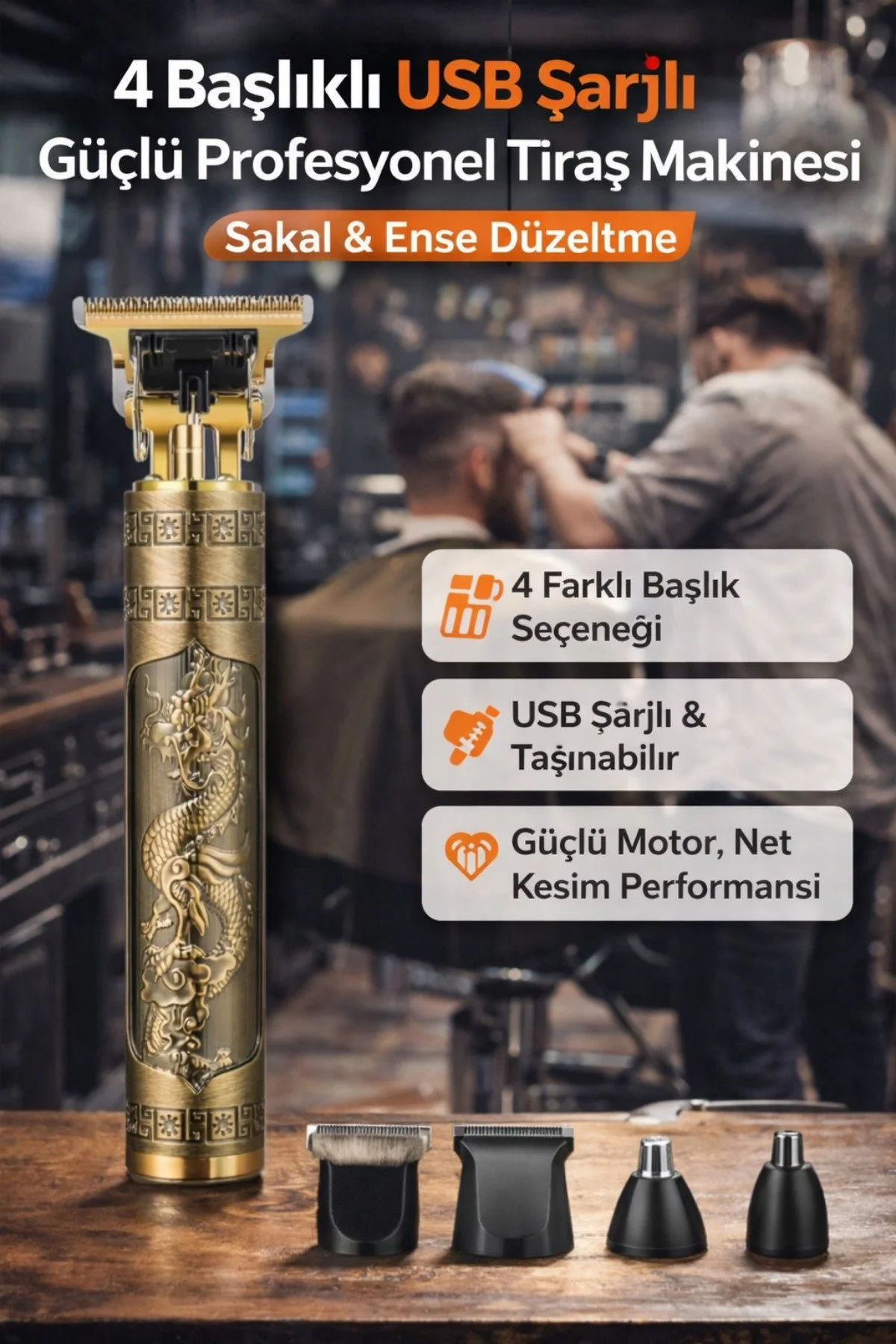 Hane Dostu 4 Başlıklı USB Şarjlı Güçlü Profesyonel Tıraş Makinesi Sakal & Ense Düzeltme