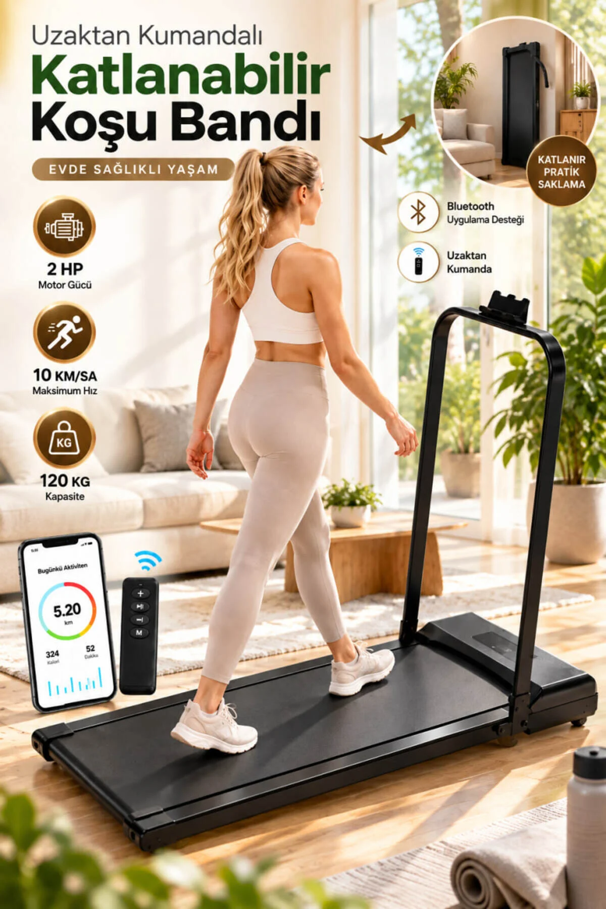 House Bird Bluetoothlu Katlanabilir Koşu ve Yürüyüş Bandı 2 HP 10 Km/S 120 Kg Uzaktan Kumandalı