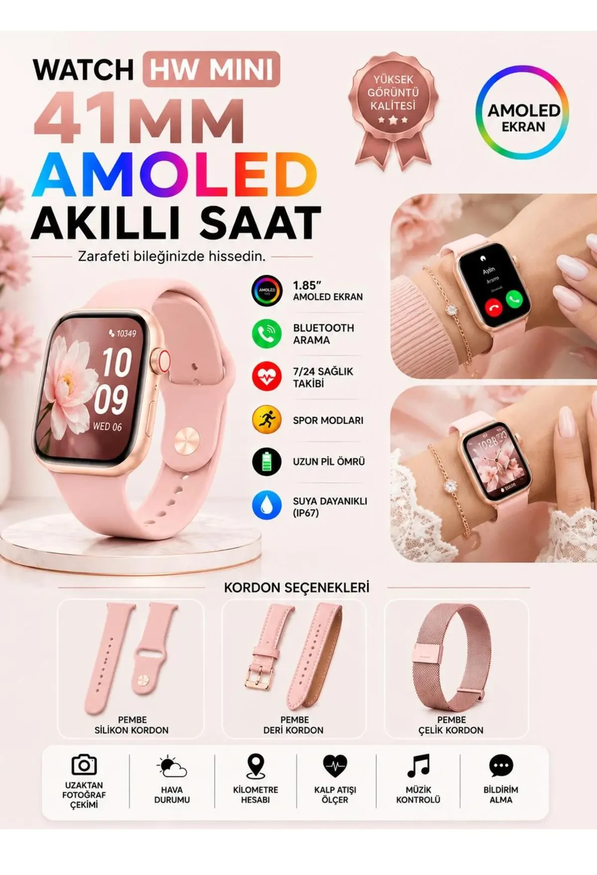 howear HW-MINI Akıllı Saat AMOLED Ekran Bluetooth Arama Kalp Atışı