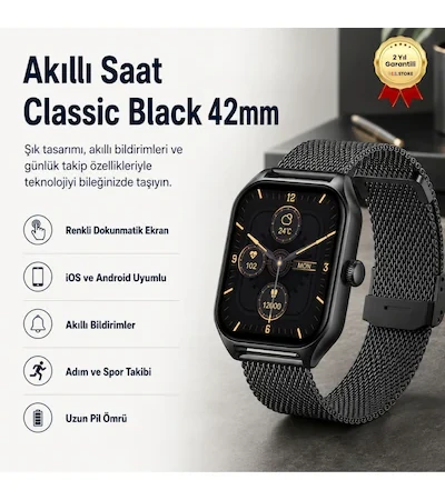 Hzl Classic Black 42 MM Çoklu Fonksiyonlu Akıllı Saat