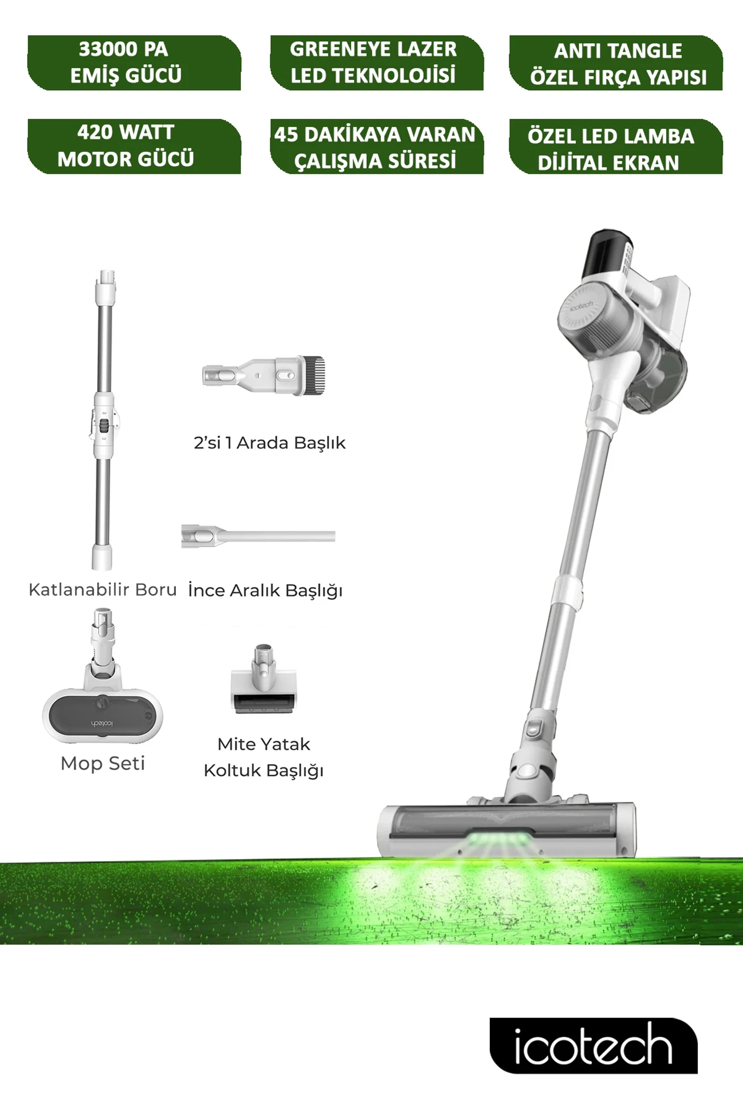 İcotech F30 Max 33Kpa Greeneye Lazer Teknoloji Şarjlı Dikey Süpürge