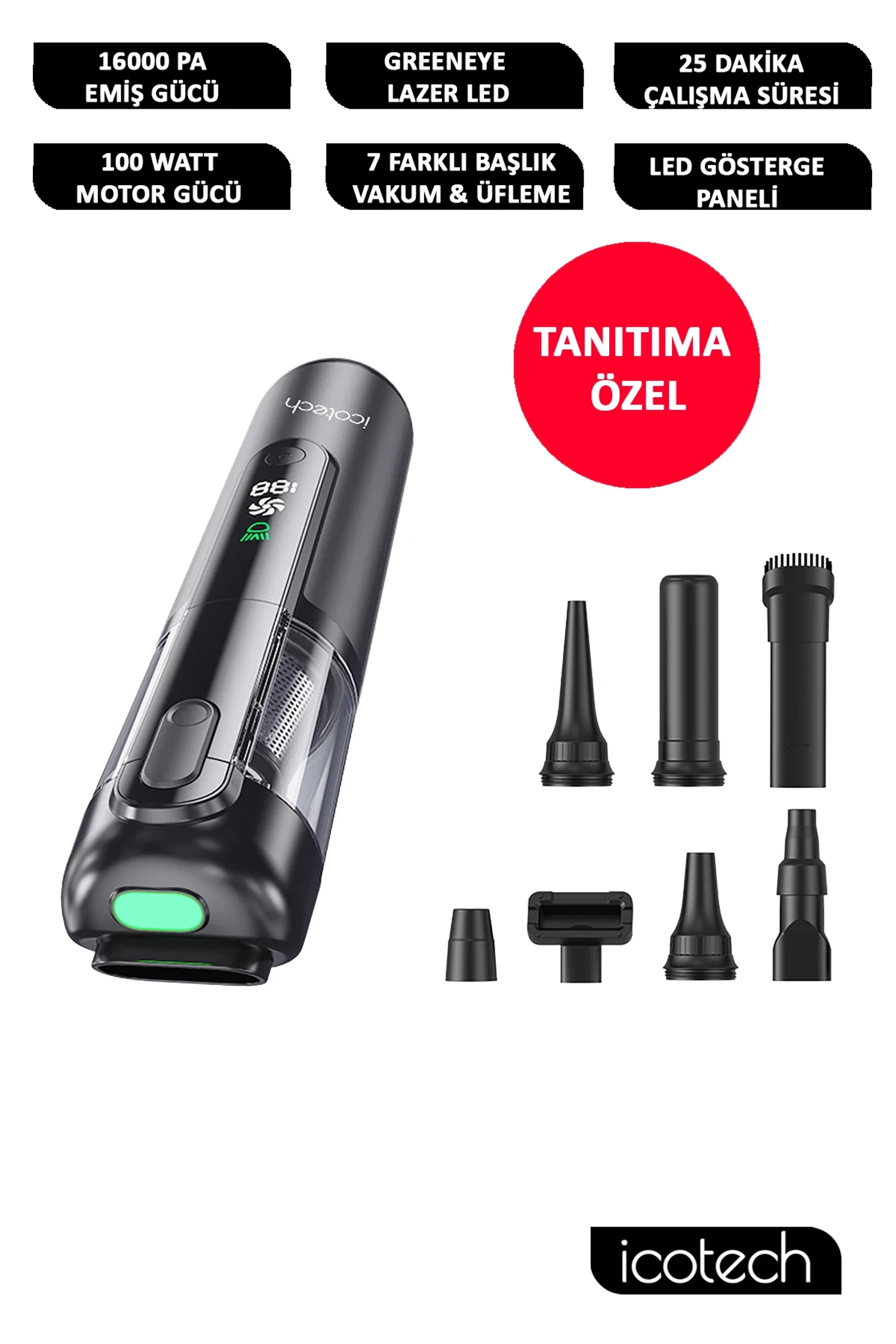 İcotech Mc20 Greeneye Lazer 16000 Pa Mini El Süpürgesi