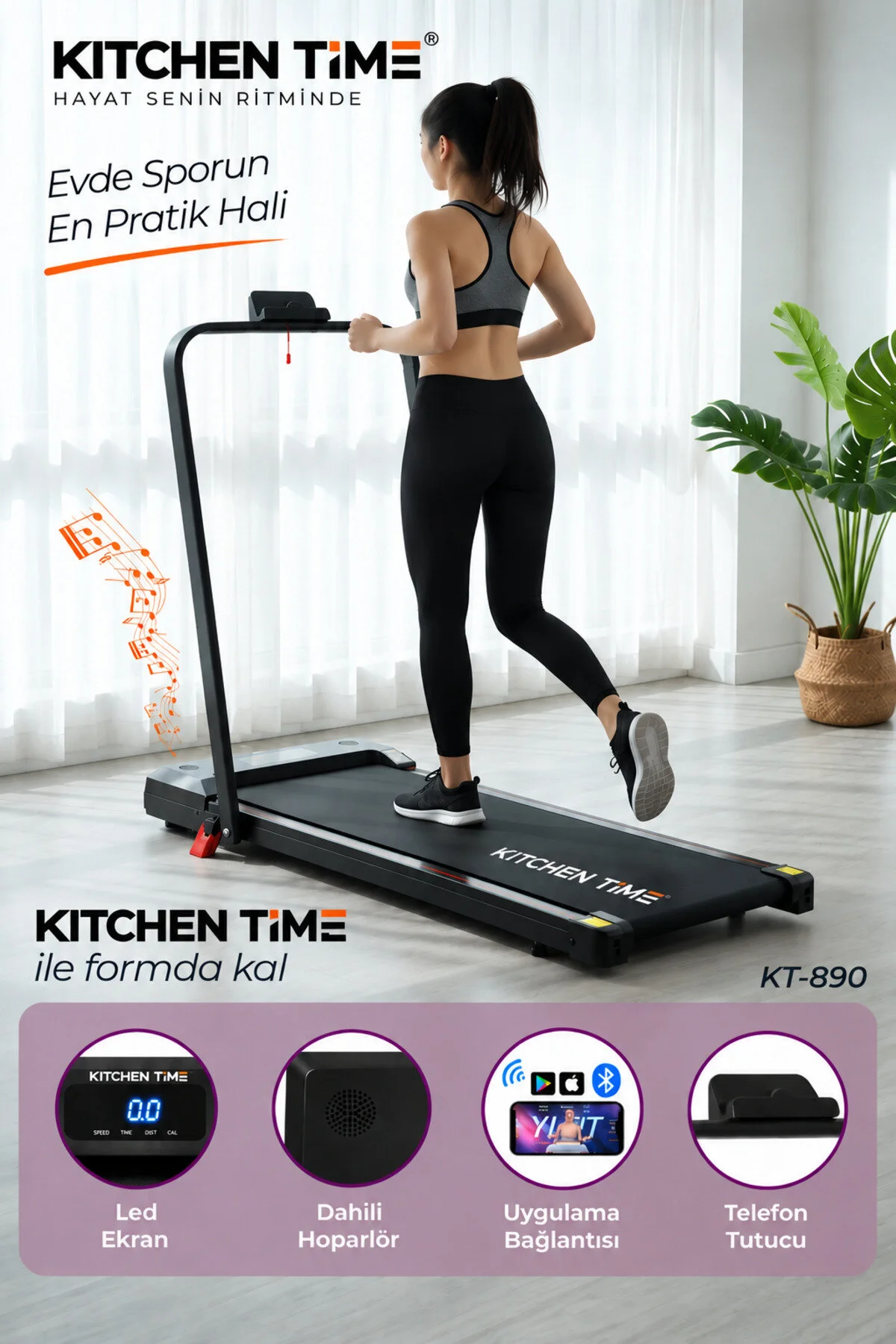 Kitchen Time Yeni Nesil Bluetoothlu Koşu Bandı 10 Km Hız 2 Hp Motor