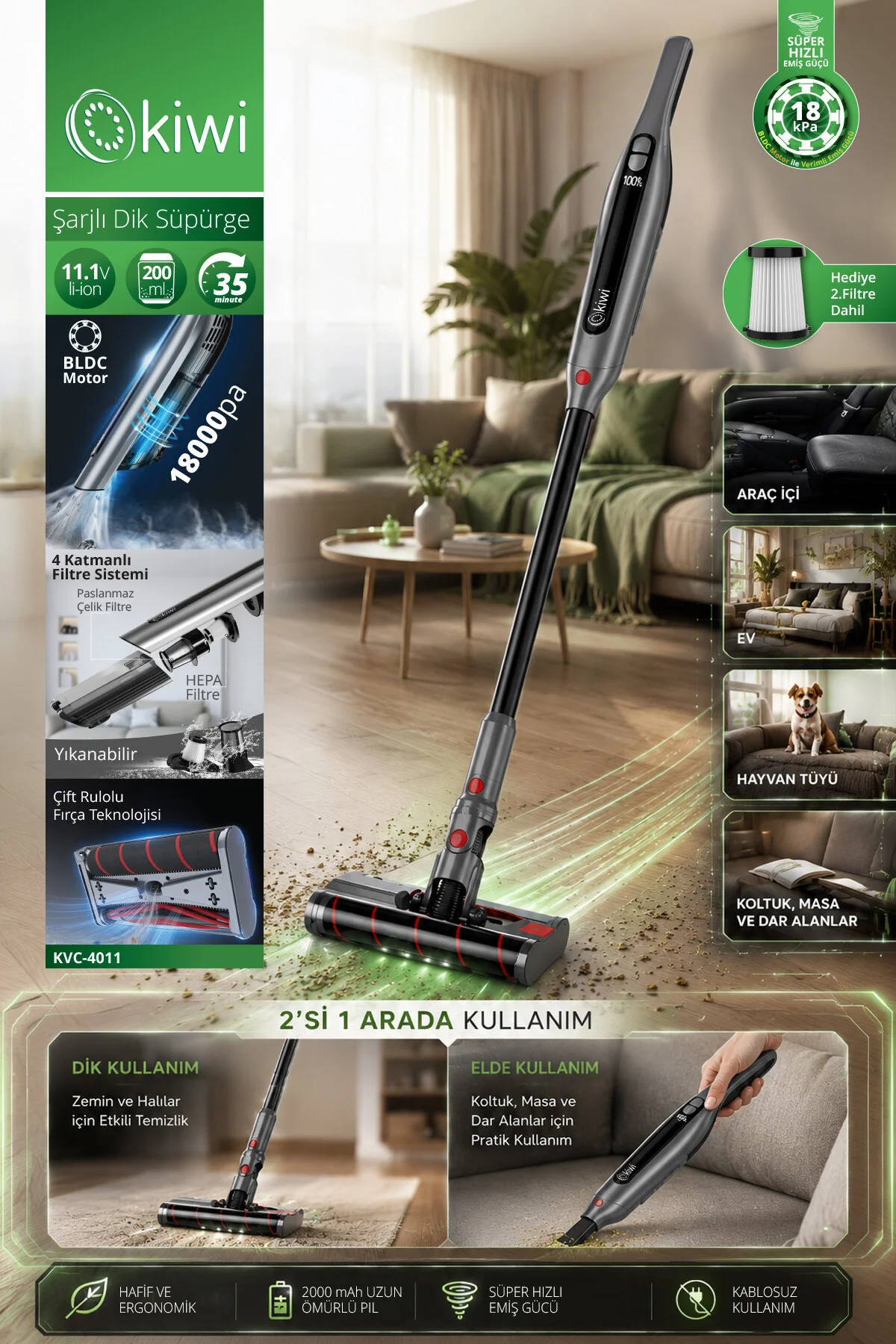 Kiwi KVC-4011 BLDC Şarjlı Dikey Süpürge