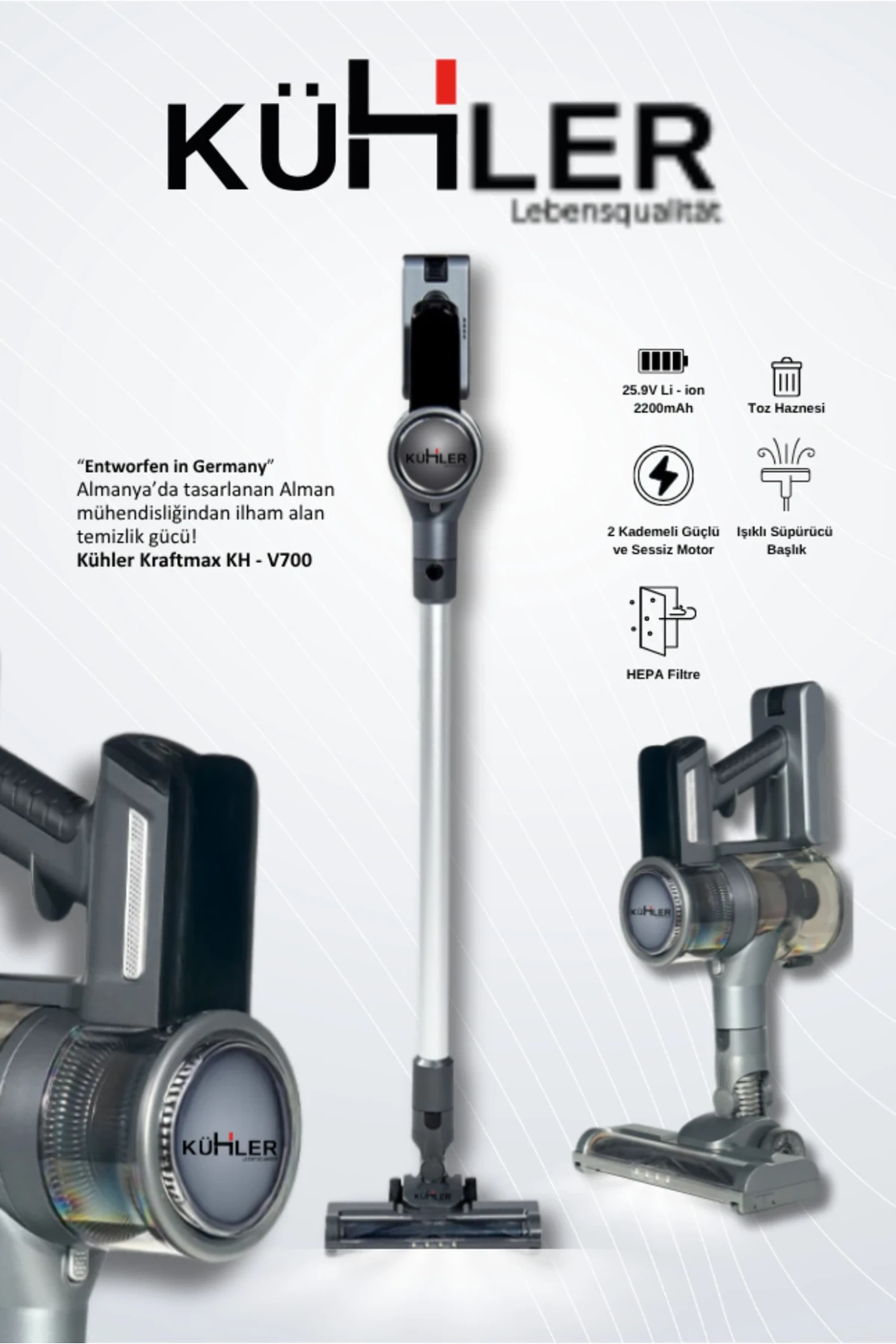 Kraftmax KH-V700 Kablosuz Turbo Fırçalı Dikey Şarjlı Süpürge