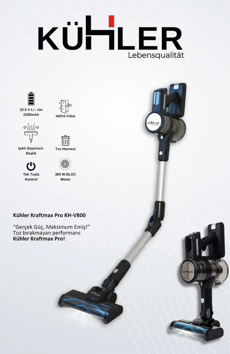 Kraftmax Pro KH-V800 Kablosuz Turbo Fırçalı Esnek Boru Teknolojisi