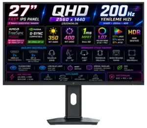 KTC H27T7P 27″ 1ms MPRT 200Hz (2xHDMI+2xDisplay) HDR400 FreeSync + G-Sync Fast IPS 2K QHD (2560 x 1440) Oyuncu Monitörü