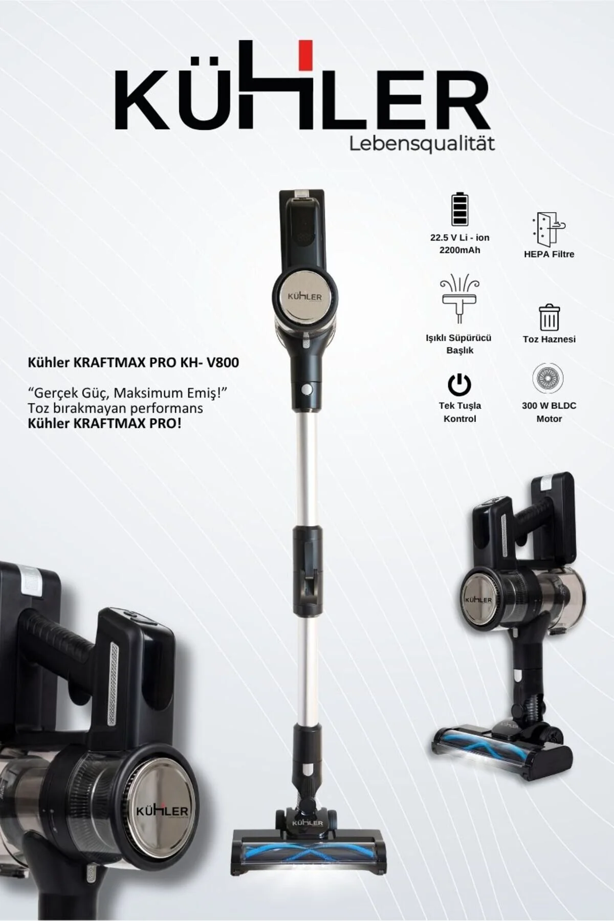 kühler Kraftmax Pro KH-V800 Kablosuz Turbo Fırçalı Katlanır Esnek Boru