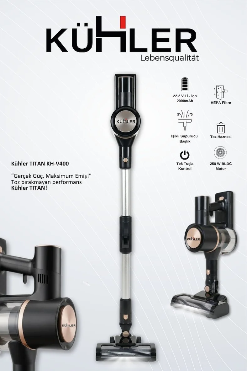 KÜHLER Titan KH-V400 Dikey Şarjlı Süpürge Esnek Borulu Güçlü Emiş