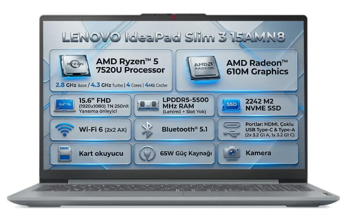 LENOVO IdeaPad Slim 3 15AMN8 AMD Ryzen 5 7520U SSD 15.6