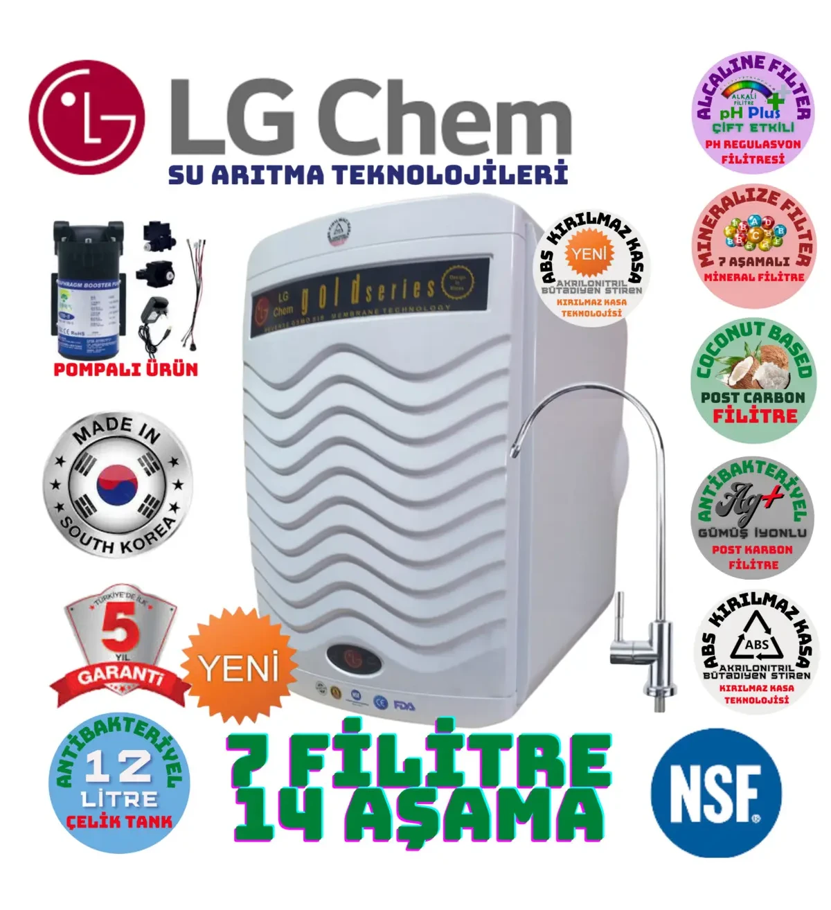 LG Chem Gold Plus Renk 12 Litre 7 Filitre 14 Aşama Gümüş Su Arıtma Cihazı