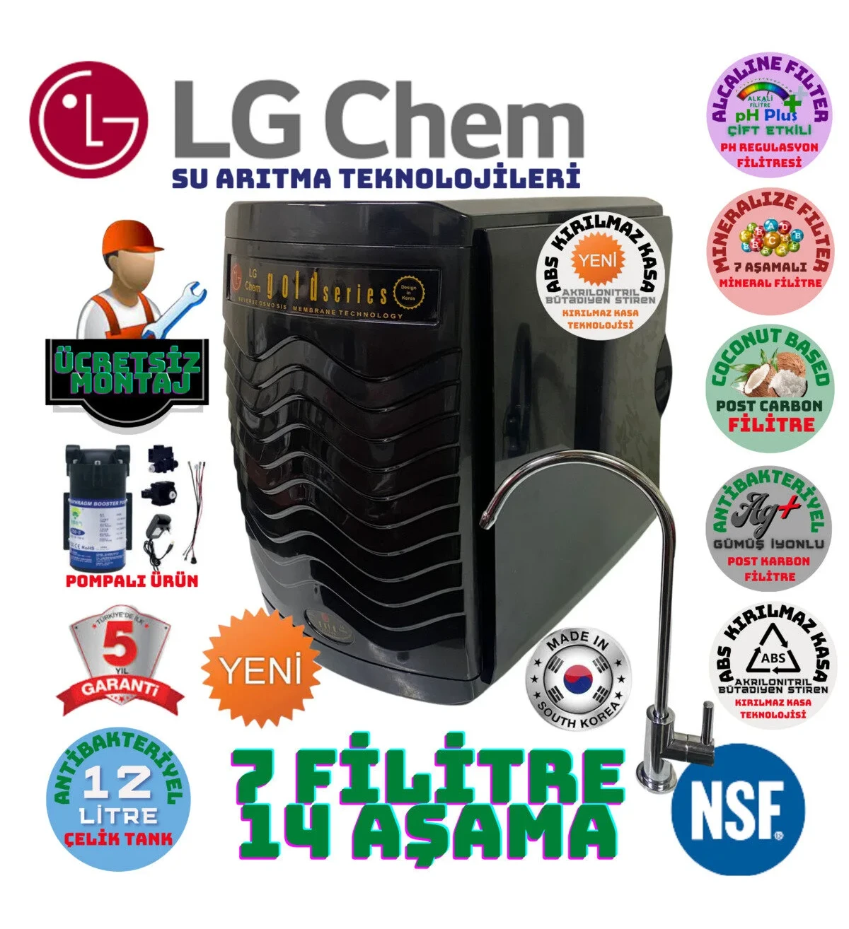 LG Chem Gold Plus Siyah Pompalı Ücretsiz Montaj 12 LT. 7 Su Arıtma Cihazı