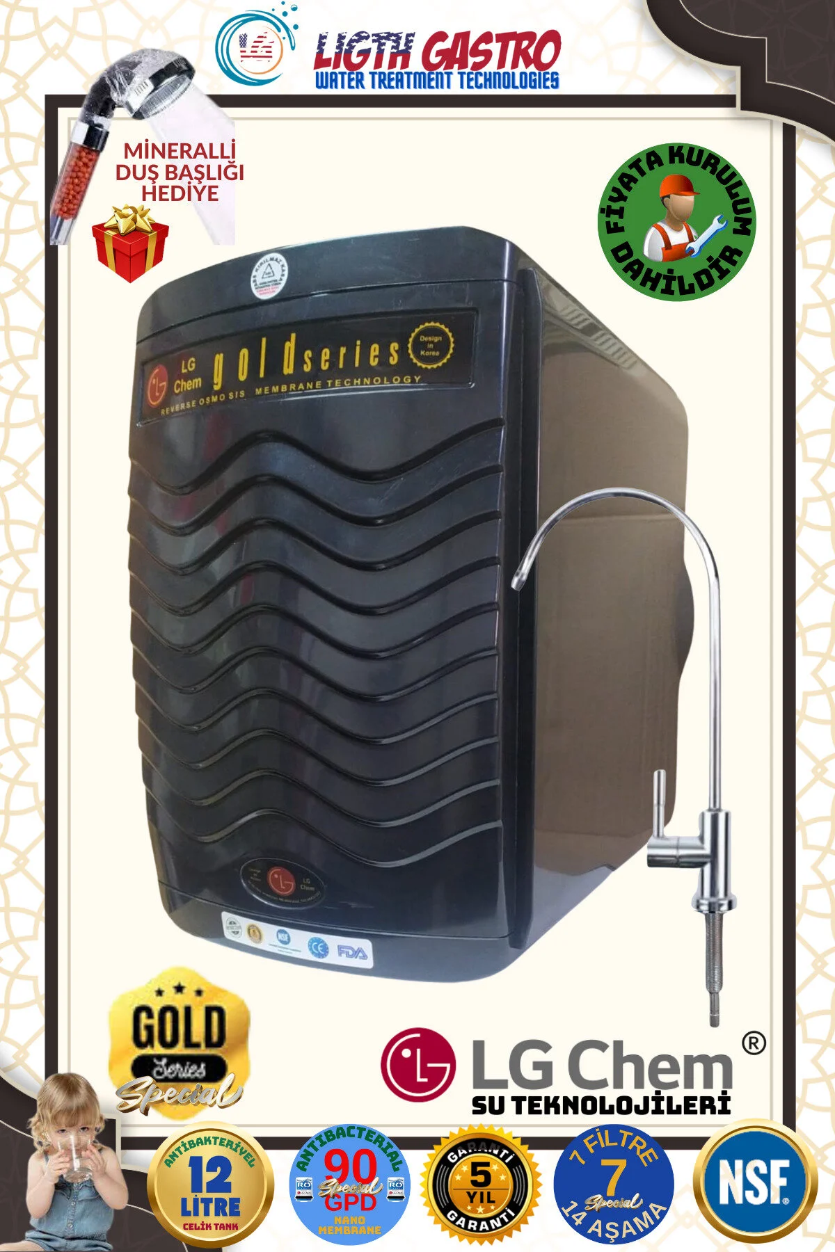 light gastro Lg Chem Gold Renk 12 Lt 14 Aşama Montaj Dahil Su Arıtma Cihazı